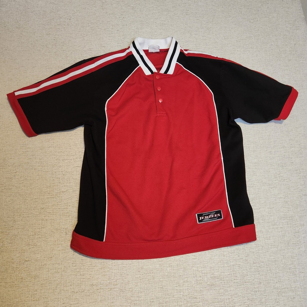 Jerzees Racing Polo Shirt Mens Large Red Black Colorblock Vintage Y2K Sporty